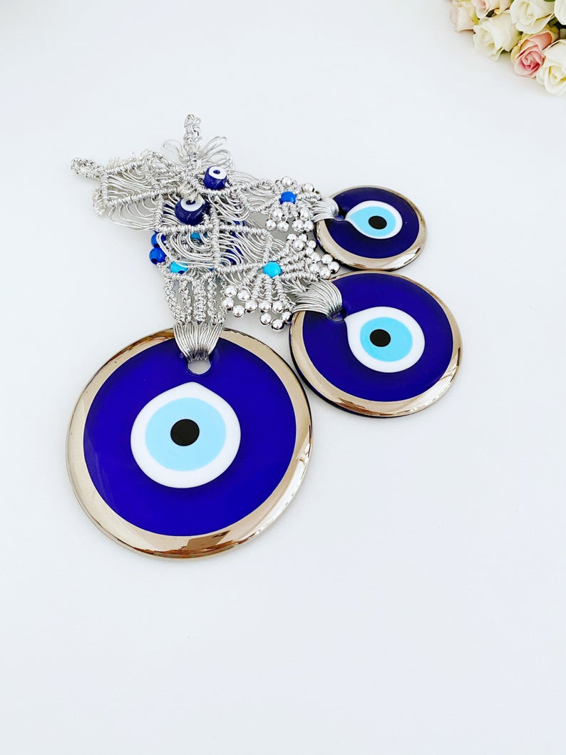 Silver Evil Eye Wall Hanging, Macrame Evil Eye Wall Hanging, Blue Evil Eye