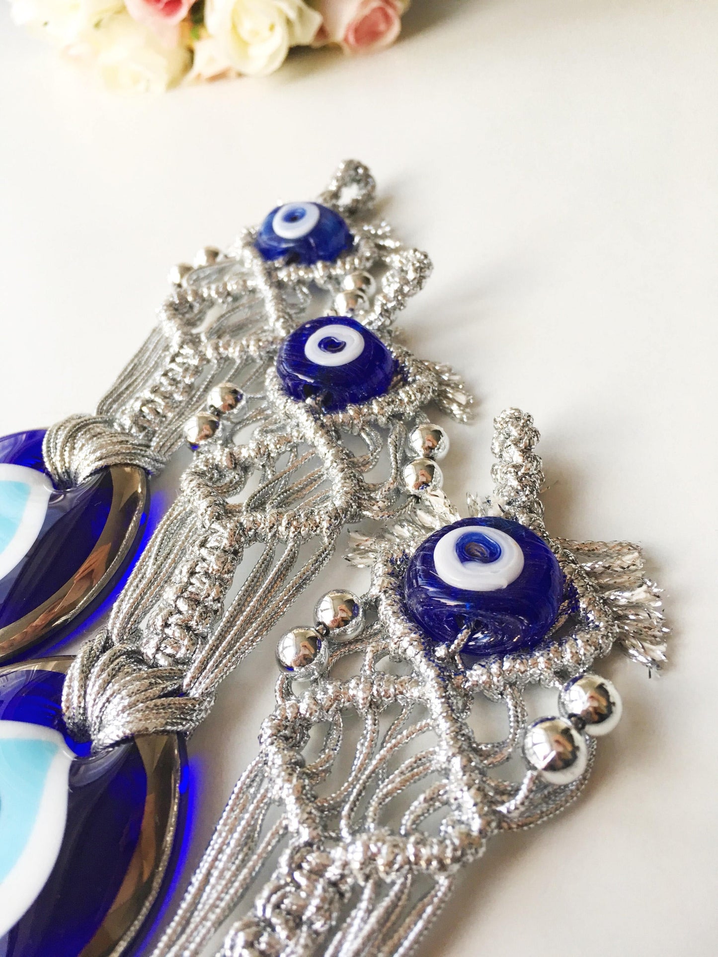 Silver Macrame Evil Eye Charm