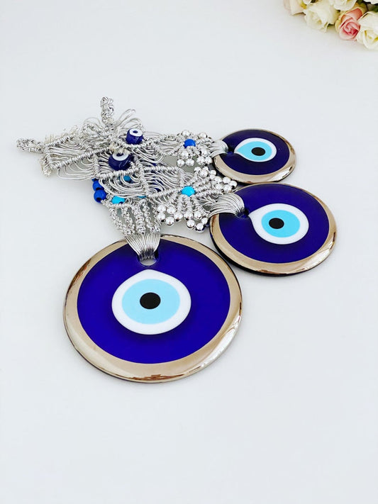 Silver Evil Eye Wall Hanging, Macrame Evil Eye Wall Hanging, Blue Evil Eye