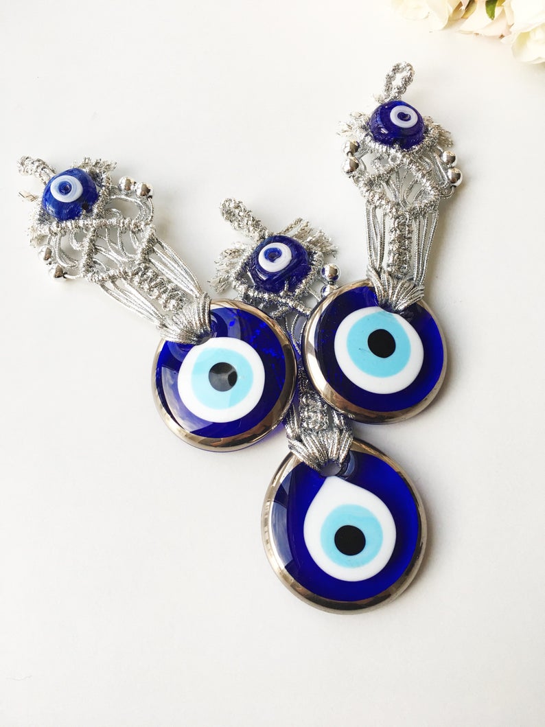 Silver Evil Eye Wall Hanging, Macrame Evil Eye Wall Hanging, Blue Evil Eye
