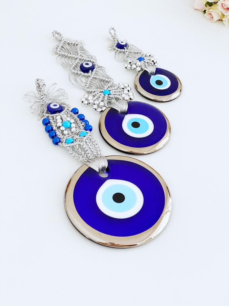 Silver Evil Eye Wall Hanging, Macrame Evil Eye Wall Hanging, Blue Evil Eye