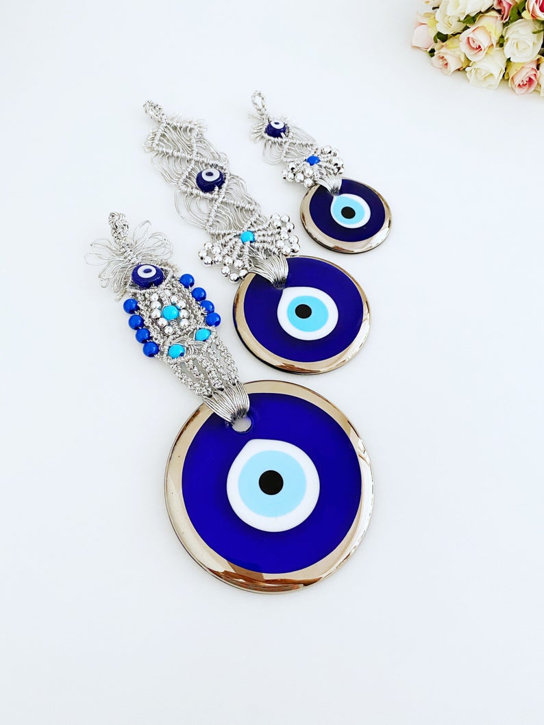 Silver Evil Eye Wall Hanging, Macrame Evil Eye Wall Hanging, Blue Evil Eye