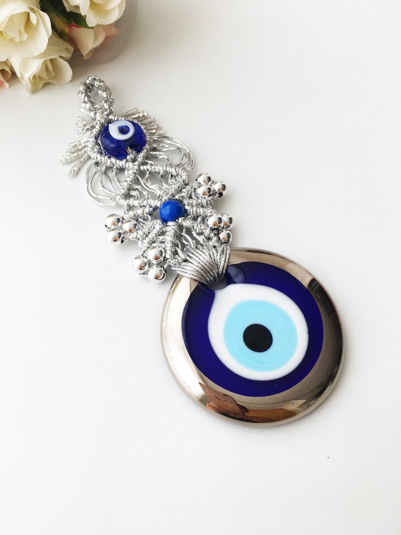Silver Evil Eye Wall Hanging, Macrame Evil Eye Wall Hanging, Blue Evil Eye