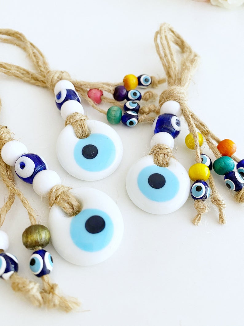Wall hanging blue and white evil eye beads, evil eye home decoration