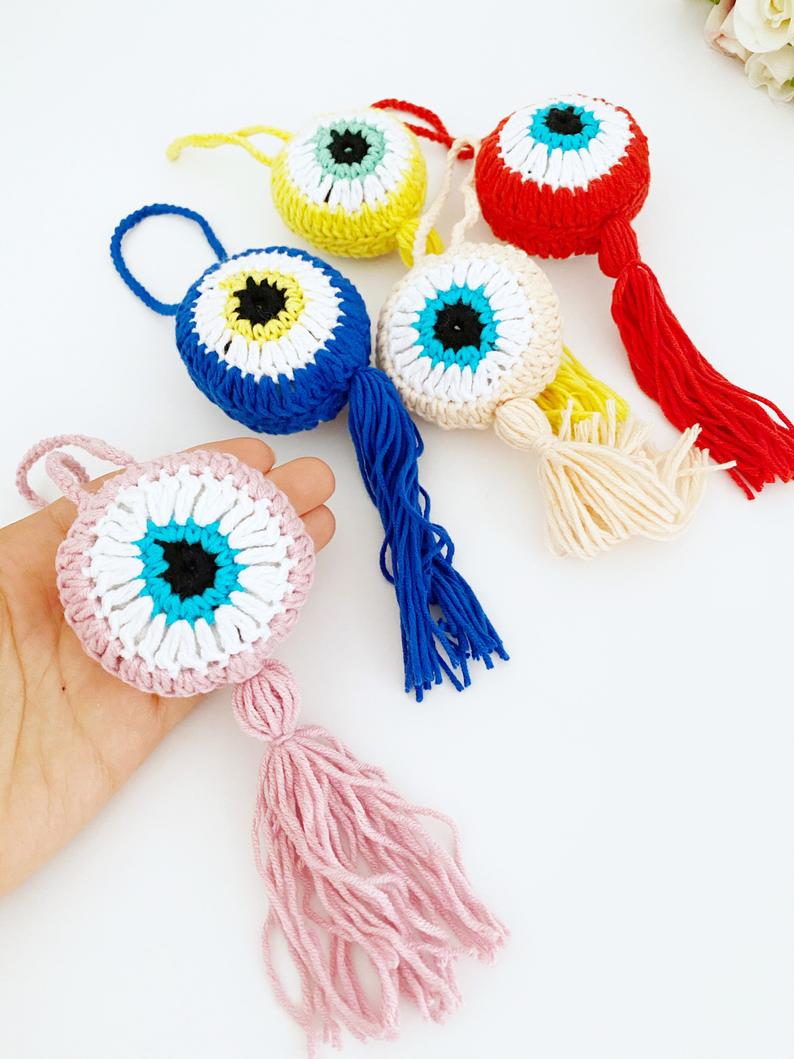 Handmade Evil Eye, Evil Eye Wall Hanging, Evil Eye Car Charm, Knitting Evil Eye