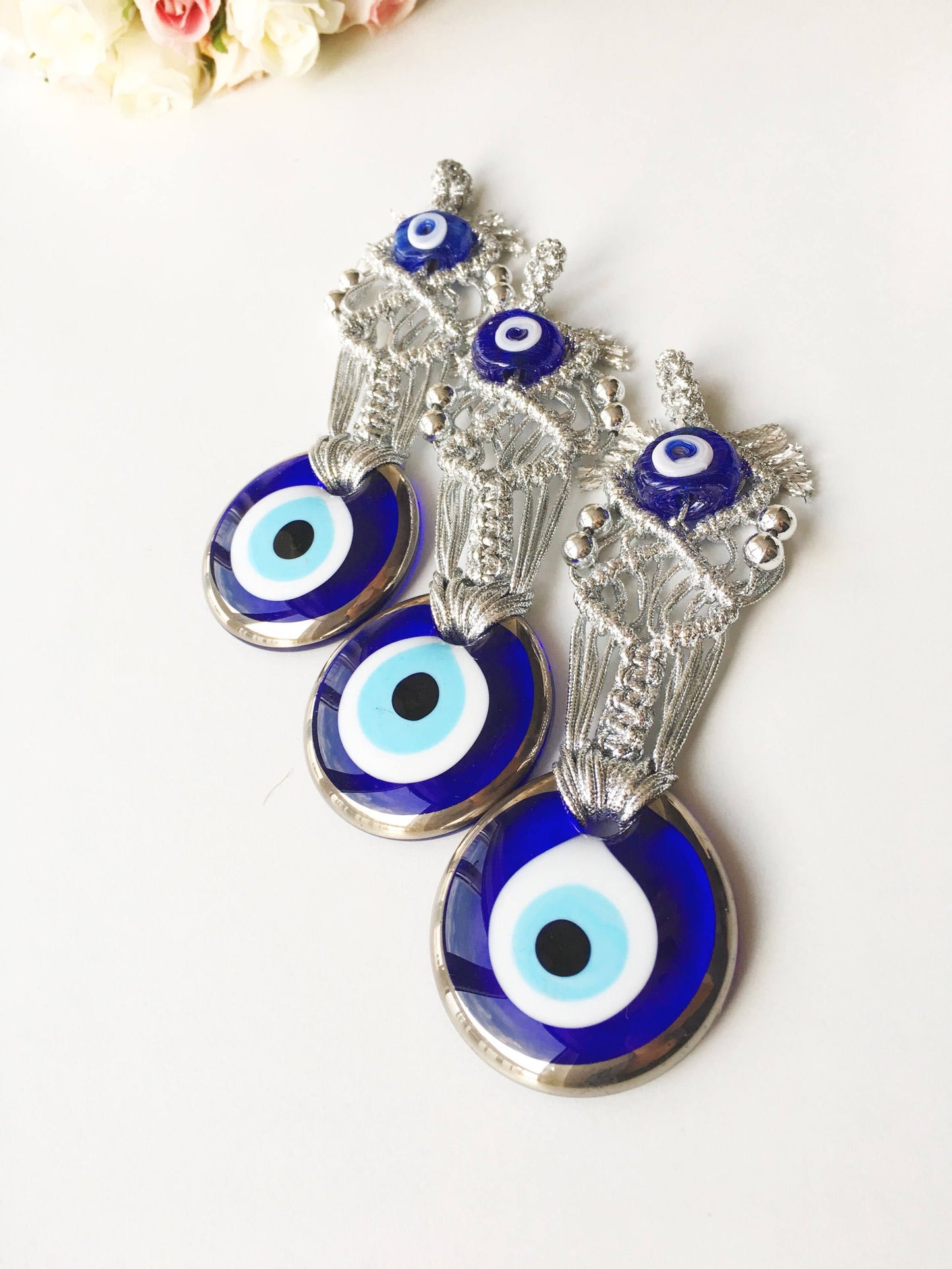 Silver Macrame Evil Eye Charm