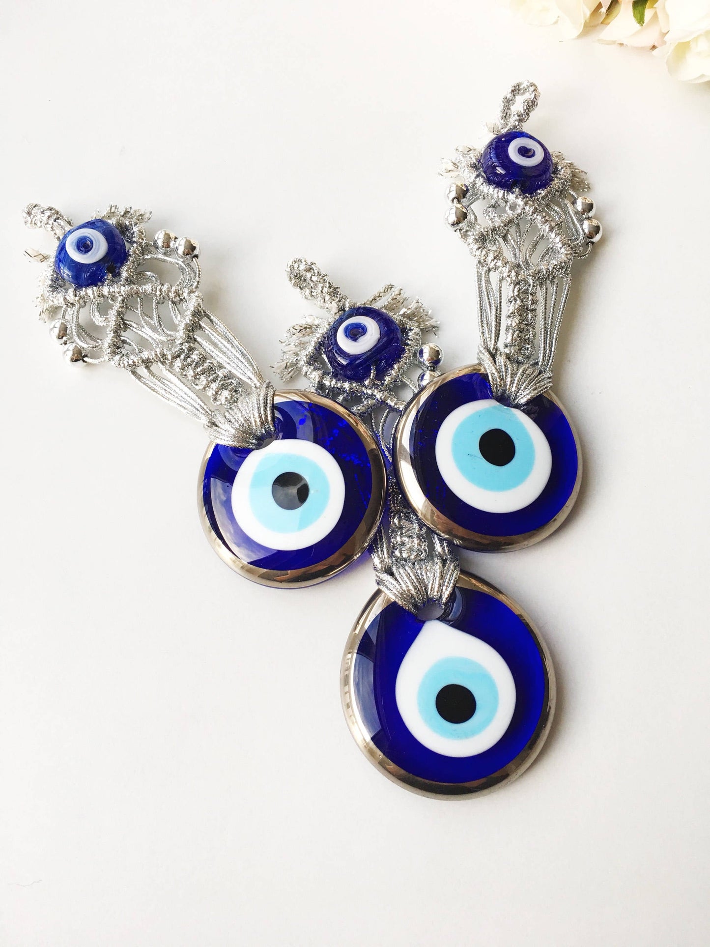Silver Macrame Evil Eye Charm